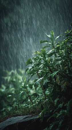 Arrowhead in a storm, heavy rain pouring down, strong winds twisting their leaves, natural.の写真素材