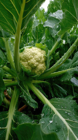 Cauliflower with heavy rain pouring down, strong winds twisting their leaves, natural.の写真素材
