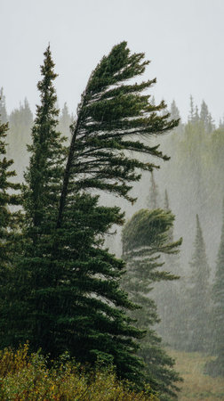 Black spruce in a storm, heavy rain pouring down, strong winds twisting their leaves, natural.の写真素材