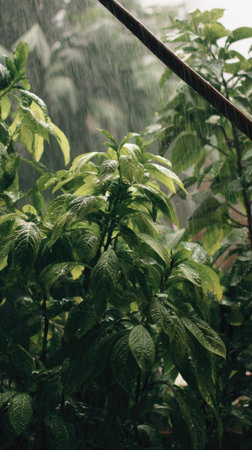 Chia in a storm, heavy rain pouring down, strong winds twisting their leaves, natural.の写真素材
