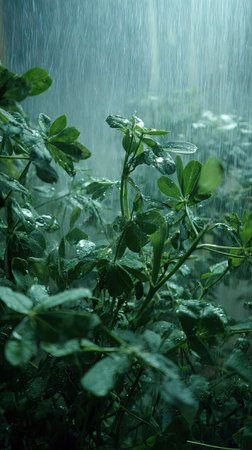 Fenugreek in a storm, heavy rain pouring down, strong winds twisting their leaves, natural.の写真素材