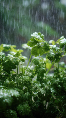 Cilantro in a storm, heavy rain pouring down, strong winds twisting their leaves, natural.の写真素材