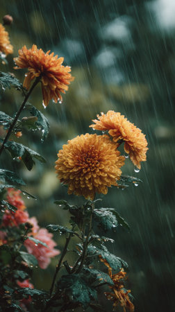 Chrysanthemum in a storm, heavy rain pouring down, strong winds twisting their leaves, natural.の写真素材