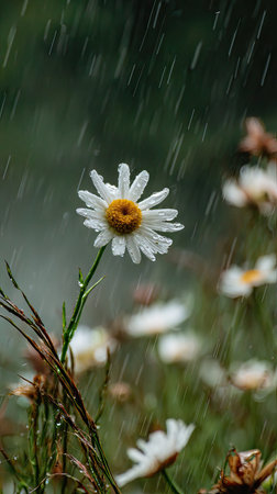 Daisy in a storm, heavy rain pouring down, strong winds twisting their leaves, natural.の写真素材