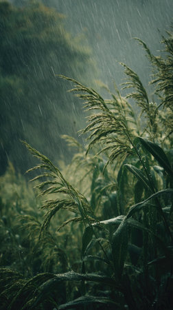 Little millet in a storm, heavy rain pouring down, strong winds twisting their leaves, natural.の写真素材