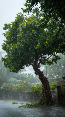Jackfruit tree in a storm, heavy rain pouring down, strong winds twisting their leaves, natural.の写真素材