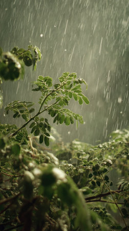 Moringa in a storm, heavy rain pouring down, strong winds twisting their leaves, natural.の写真素材