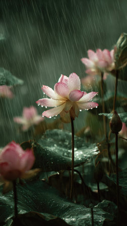 Lotus in a storm, heavy rain pouring down, strong winds twisting their leaves, natural.の写真素材