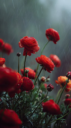 Ranunculus in a storm, heavy rain pouring down, strong winds twisting their leaves, natural.の写真素材