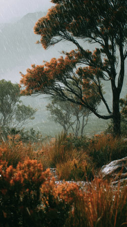 Heavy rain pouring down, strong winds twisting their leaves, natural.の写真素材