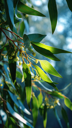 The Blue gum in spring, fresh green leaves, soft sunlight filtering, vibrant atmosphere full of vitality, natural textures, serene mood P.の写真素材