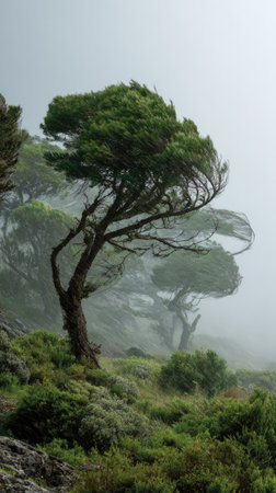 Stone pine in a storm, heavy rain pouring down, strong winds twisting their leaves, natural.の写真素材