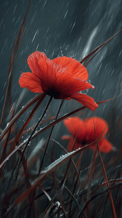 Poppy in a storm, heavy rain pouring down, strong winds twisting their leaves, natural.の写真素材