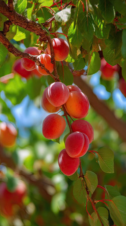 The Apricot in summer, Bright sunlight pierces dense foliage, the air feels hot, natural.の写真素材