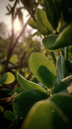 The Broad bean in spring, fresh green leaves, soft sunlight filtering, vibrant atmosphere full of vitality, natural textures, serene mood P.の写真素材