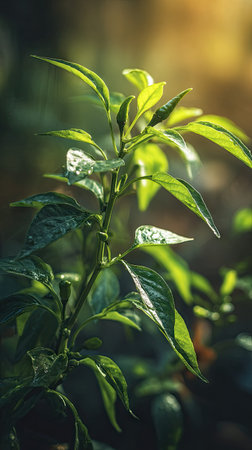 The Chili pepper in spring, fresh green leaves, soft sunlight filtering, vibrant atmosphere full of...