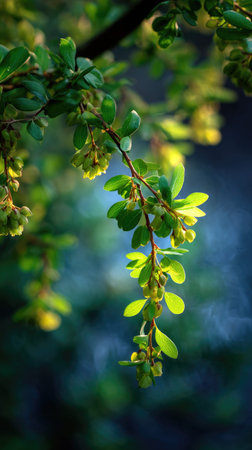 The Barberry in spring, fresh green leaves, soft sunlight filtering, vibrant atmosphere full of vitality, natural textures, serene mood P.の写真素材