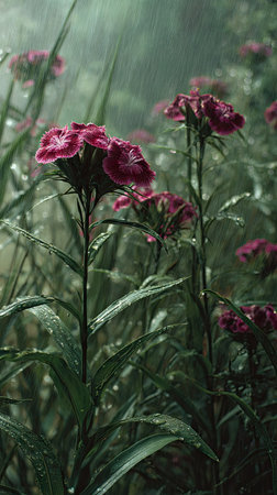 Sweet William in a storm, heavy rain pouring down, strong winds twisting their leaves, natural.