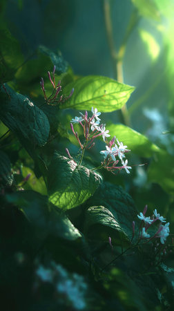 The Clerodendrum in spring, fresh green leaves, soft sunlight filtering, vibrant atmosphere full of...