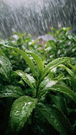 Stevia in a storm, heavy rain pouring down, strong winds twisting their leaves, natural.の写真素材