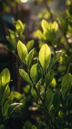 The Coca leaf in spring, fresh green leaves, soft sunlight filtering, vibrant atmosphere full of...