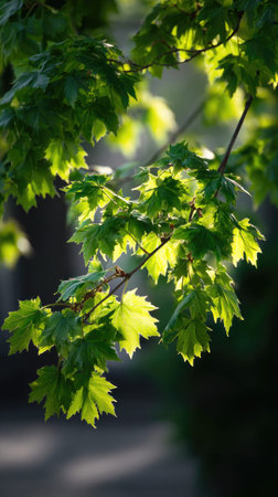 The Maple in spring, fresh green leaves, soft sunlight filtering, vibrant atmosphere full of...