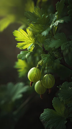 The Gooseberry in spring, fresh green leaves, soft sunlight filtering, vibrant atmosphere full of vitality, natural textures, serene mood P.の写真素材