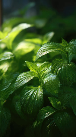 The Perilla in spring, fresh green leaves, soft sunlight filtering, vibrant atmosphere full of...