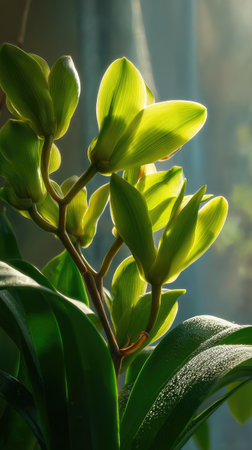 The Orchid in spring, fresh green leaves, soft sunlight filtering, vibrant atmosphere full of vitality, natural textures, serene mood P.の写真素材