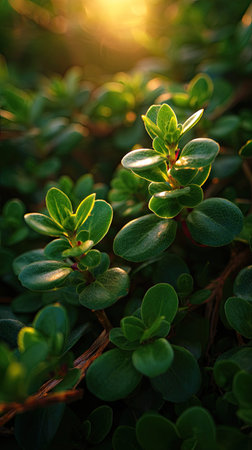 The Purslane in spring, fresh green leaves, soft sunlight filtering, vibrant atmosphere full of...