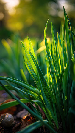 The Shallot in spring, fresh green leaves, soft sunlight filtering, vibrant atmosphere full of...