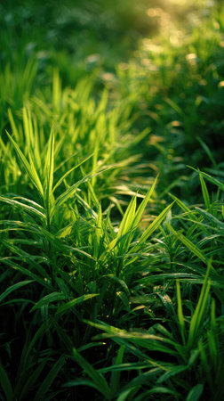 The Rice paddy herb in spring, fresh green leaves, soft sunlight filtering, vibrant atmosphere full...