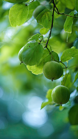 The Monk fruit in spring, fresh green leaves, soft sunlight filtering, vibrant atmosphere full of...