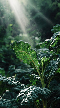 The Tuscan kale in spring, fresh green leaves, soft sunlight filtering, vibrant atmosphere full of vitality, natural textures, serene mood P.の写真素材