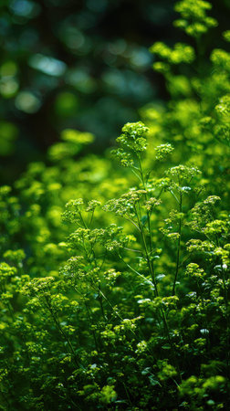 The Statice in spring, fresh green leaves, soft sunlight filtering, vibrant atmosphere full of...