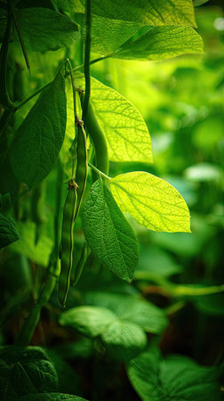 The Runner bean in spring, fresh green leaves, soft sunlight filtering, vibrant atmosphere full of vitality, natural textures, serene mood P.の写真素材