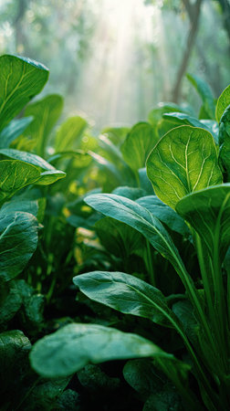 The Tatsoi in spring, fresh green leaves, soft sunlight filtering, vibrant atmosphere full of...
