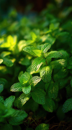 The Spearmint in spring, fresh green leaves, soft sunlight filtering, vibrant atmosphere full of...