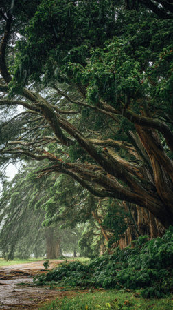 Yew in a storm, heavy rain pouring down, strong winds twisting their leaves, natural.