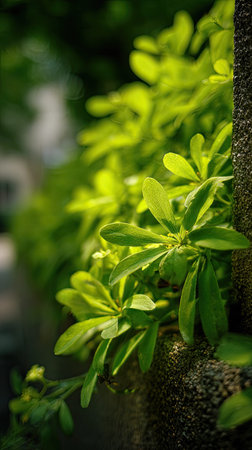 The Wallflower in spring, fresh green leaves, soft sunlight filtering, vibrant atmosphere full of...