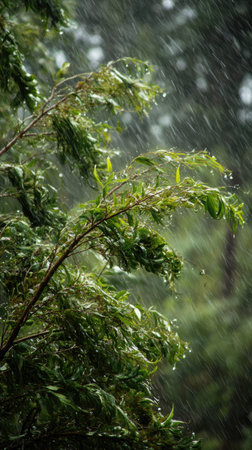 Willow bark in a storm, heavy rain pouring down, strong winds twisting their leaves, natural.