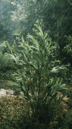 Wormwood in a storm, heavy rain pouring down, strong winds twisting their leaves, natural.
