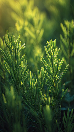 The Samphire in spring, fresh green leaves, soft sunlight filtering, vibrant atmosphere full of...