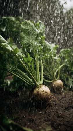 Turnip in a storm, heavy rain pouring down, strong winds twisting their leaves, natural.