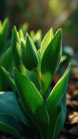 The Tulip in spring, fresh green leaves, soft sunlight filtering, vibrant atmosphere full of vitality, natural textures, serene mood P.の写真素材