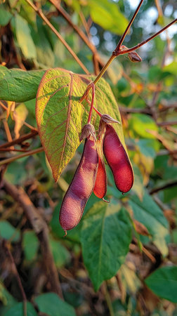 The Black eyed pea in summer, Bright sunlight pierces dense foliage, the air feels hot, natural.