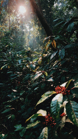 The Cardamom in summer, Bright sunlight pierces dense foliage, the air feels hot, natural.