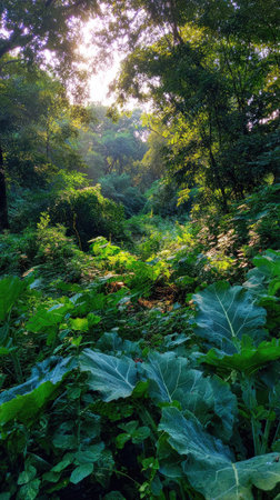 The Broccoli in summer, Bright sunlight pierces dense foliage, the air feels hot, natural.