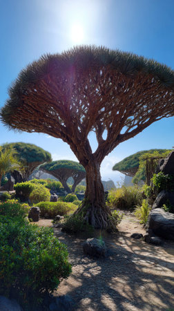 The Dragon tree in summer, Bright sunlight pierces dense foliage, the air feels hot, natural.