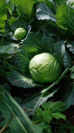 The Green cabbage in summer, Bright sunlight pierces dense foliage, the air feels hot, natural.